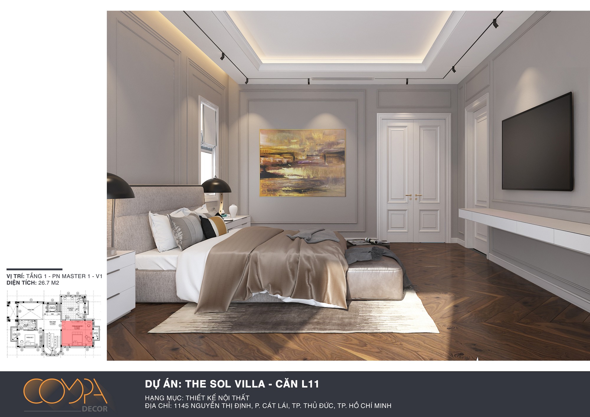 Phòng ngủ được trang trí đơn giản với gam màu chủ đạo là màu trắng