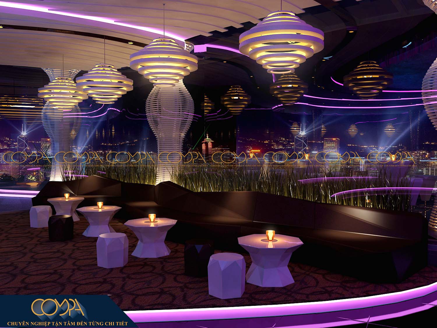 Mẫu hình thiết kế nội thất quán cafe sân thượng theo phong cách hiện đại với ghế sofa dài Mẫu hình thiết kế nội thất quán cafe sân thượng theo phong cách hiện đại với ghế sofa dài